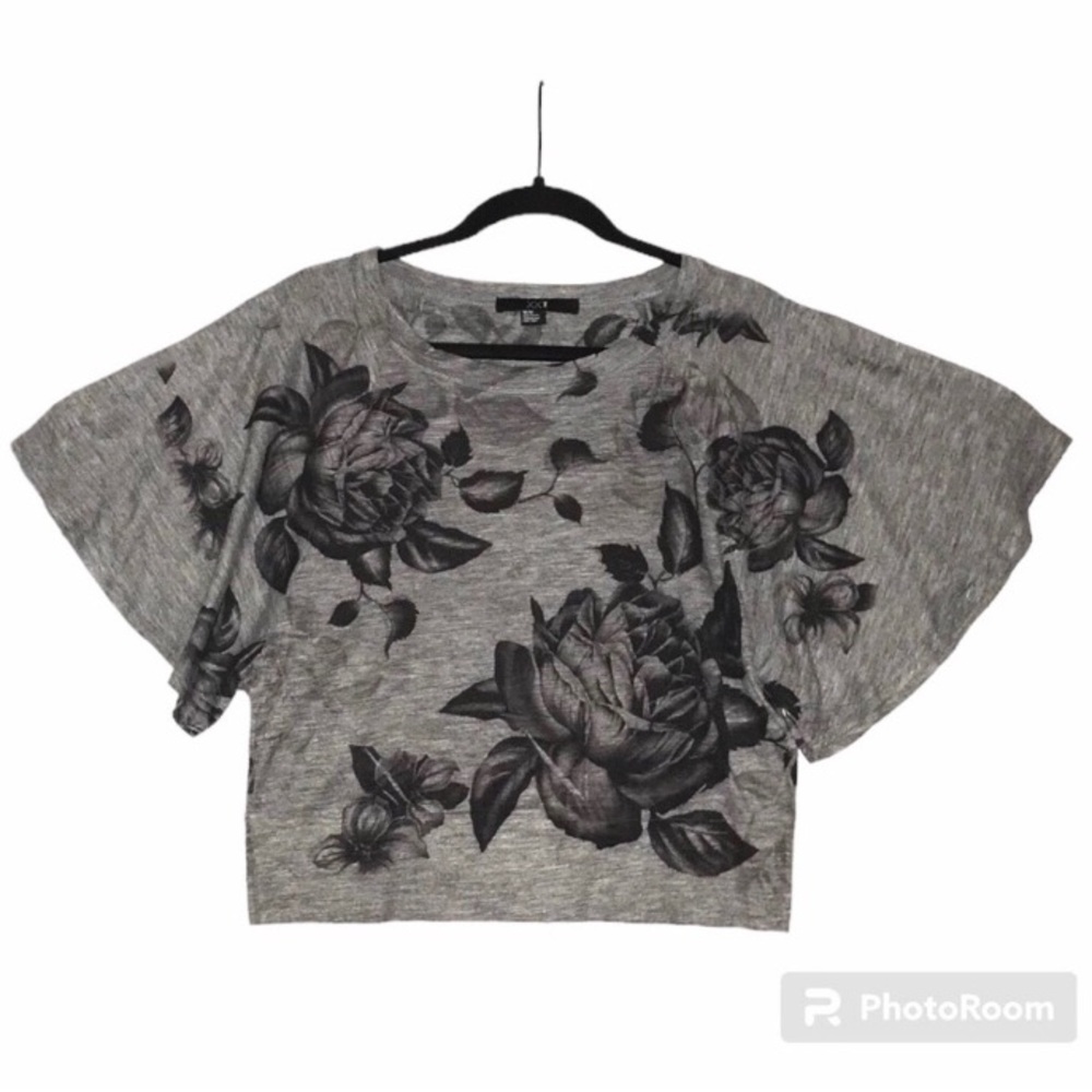 XXI Vintage Cropped Blouse Butterfly Sleeves Black Floral on Heathered Gray Med